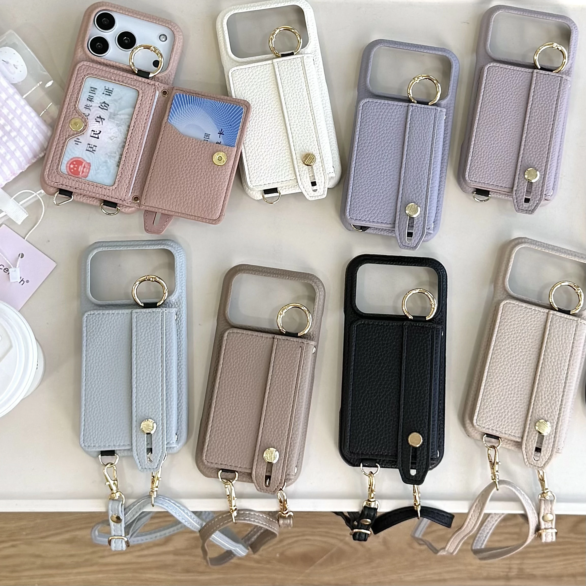 Versatile Leather Wallet Case with Wrist Strap, Crossbody Ring Holder, and Magnetic Closure
