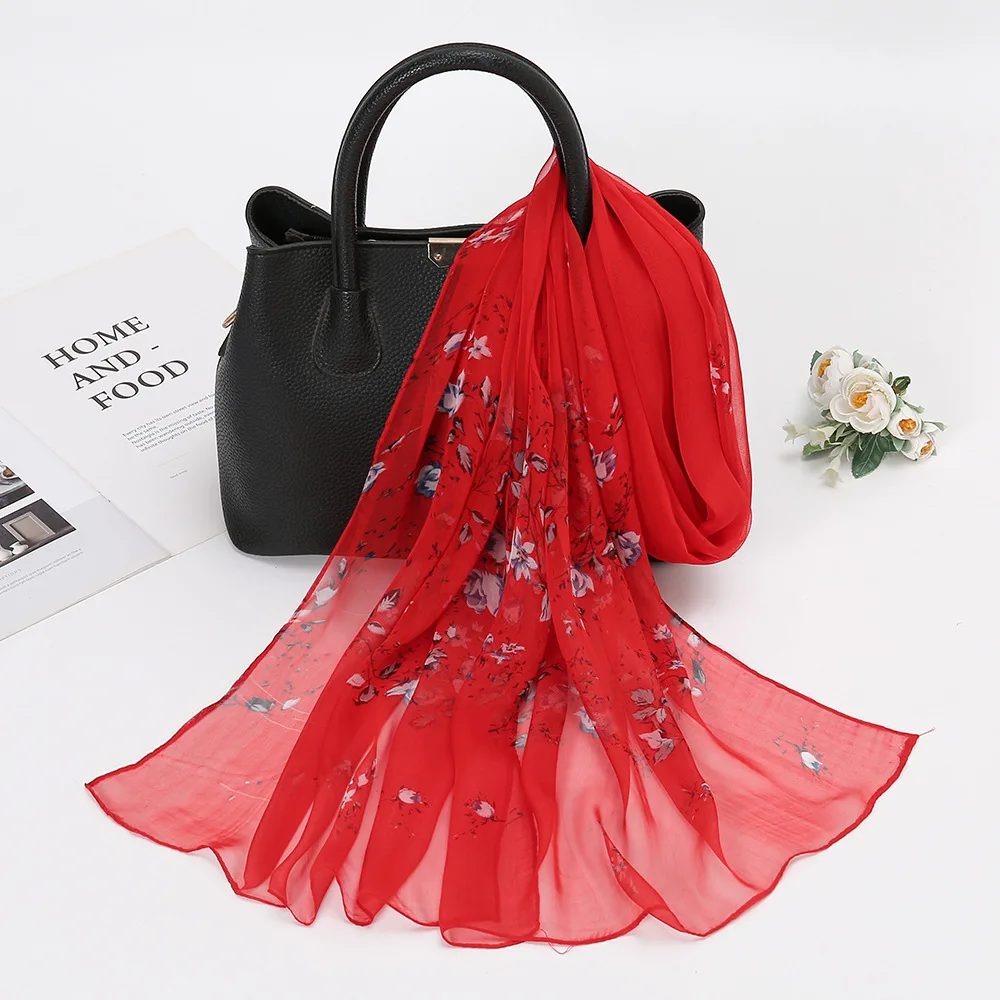 Women Floral Silk Scarf Outdoor Casual Chiffon Shawl Ladies Girls Neck Decorative Scarves Trendy Beach Towel 160cm