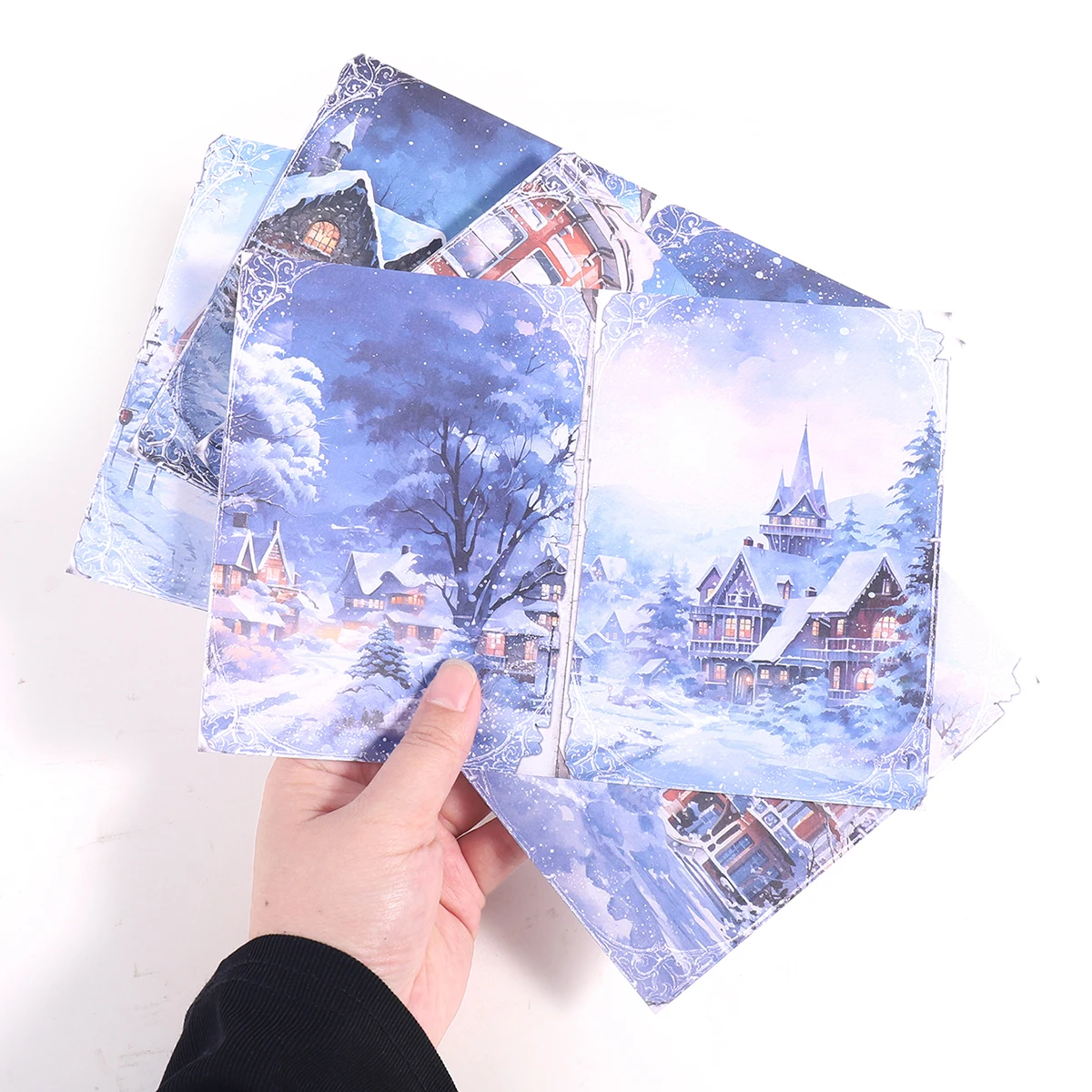8 Fogli/Confezione di Materiali in Carta con Scenari Romantici Natalizi Innevati, Adatti per Decorazioni di Scrapbook e Biglietti, un Regalo per Amici. - immagine 6