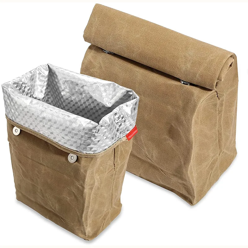 Reusable Aluminum Foil Insulated Cooler Bag, Bento Style Outdoor Camping Essentials Durable 8A Oil Wax Canvas Lunch Bag Food Bag