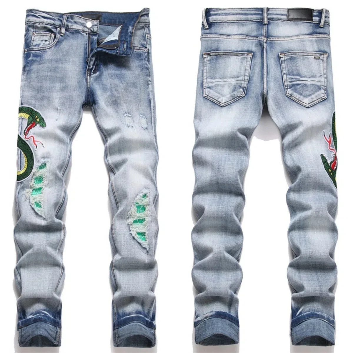 جينز رجالي مطرز من قماش الدنيم مزين بالألماس ثلاثي...