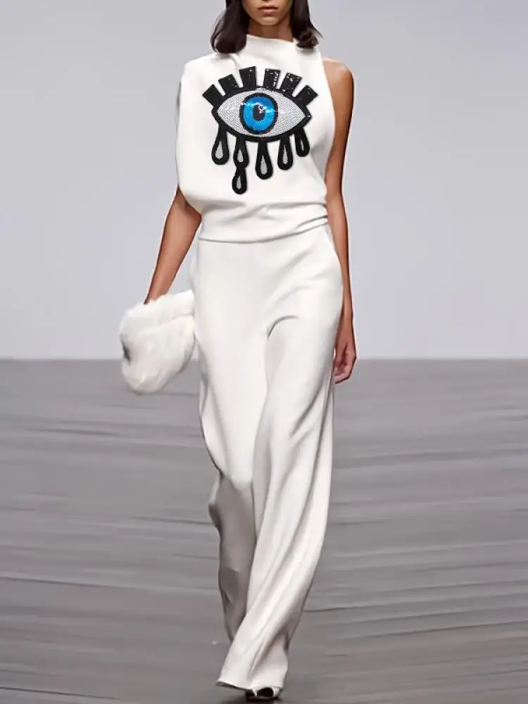 

Krismile Female Asymmetric Applique High Neck Casual T-Shirts 2024 New Summer One-Shoulder Casual Tops For Women