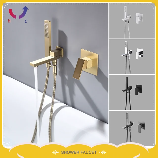 ก๊อกน้ำอ่างอาบน้ำแบบติดผนัง สีทองขัดเงา ทำจากทองเหลือง พร้อมหัวฉีดน้ำแบบหมุนได้ และฝักบัวมือ สำหรับน้ำร้อนและน้ำเย็น 2 ก๊อกน้ำอ่างอาบน้ำแบบติดผนัง สีทองขัดเงา ทำจากทองเหลือง พร้อมหัวฉีดน้ำแบบหมุนได้ และฝักบัวมือ สำหรับน้ำร้อนและน้ำเย็น 2