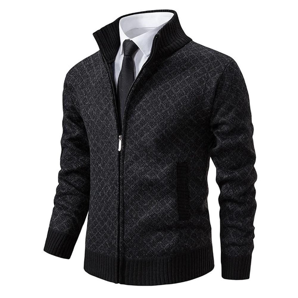 

Warm Winter Knitwear Mens Fleece Lined Cable Knitted Cardigan Slim Fit Sweater Stand Collar Solid Color Coat Casual Fashion