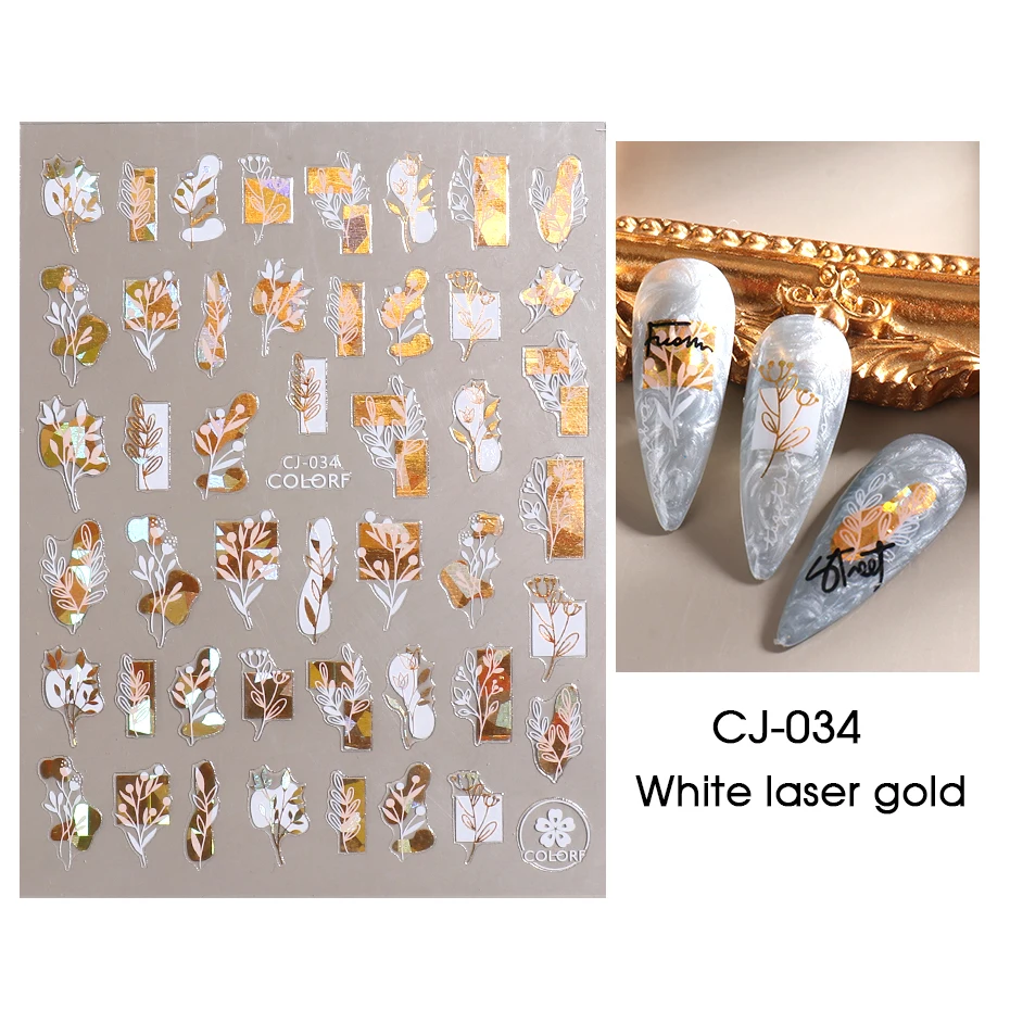 Laser 3D Nail Stickers Fan Leaf Flower Tiger Shiny Sliders Nail Art Decorations Lucky Clover Fashion Foil Manicure LACL037-052 nail stickers,nail art decoration,nail decals