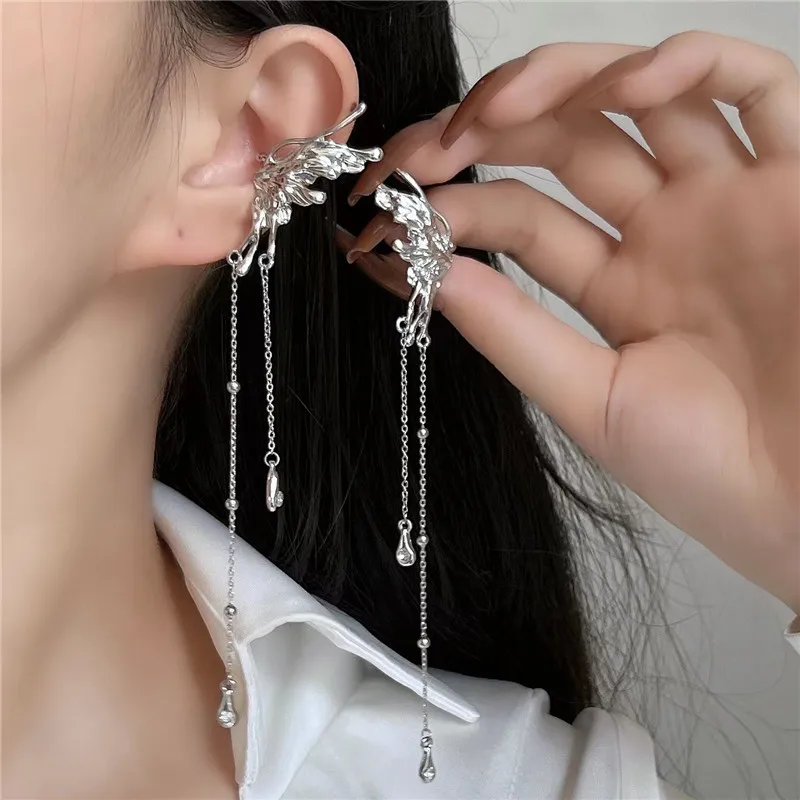 Angel Wings Liquid Metal Butterfly Tassel Ear Cuff Non Piercing Earrings Trendy Punk Design Female Long Ear Clip Jewelry ear clip earrings,clip earrings,ear clip