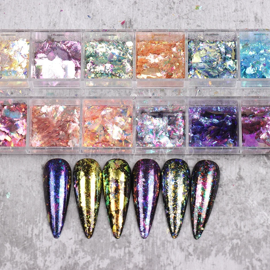 12 Grids Opal Dream Crystal Sequins Nail Flake Galaxy Iridescent Aurora 3D Paillette for Winter Autumn Manicure Decoration SWYFH