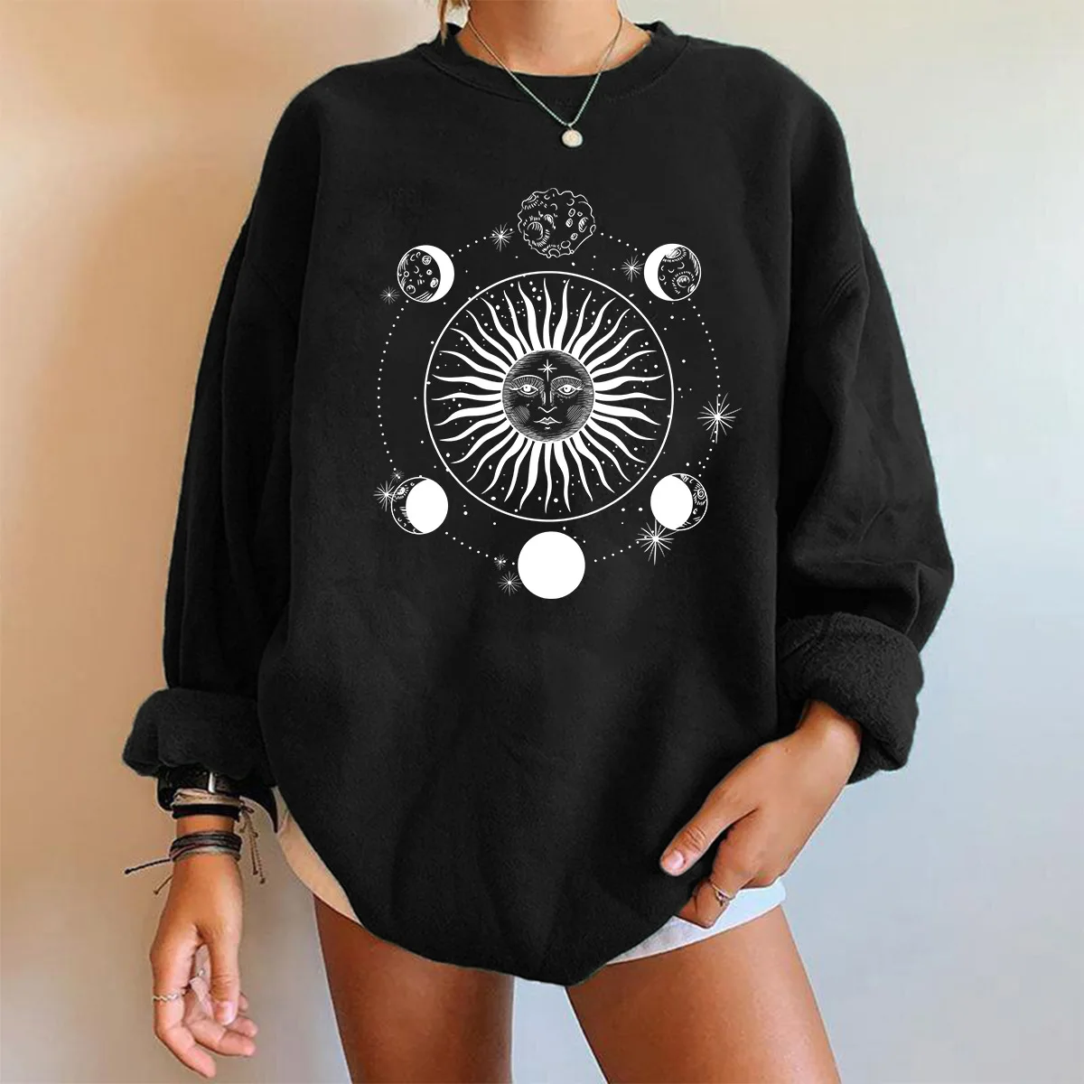 

Retro Element Sun Planet Printed Sweatshirt Fashion New Crew Neck Long Sleeve T-Shirt Fashion Loose Casual Top Women's Clothing