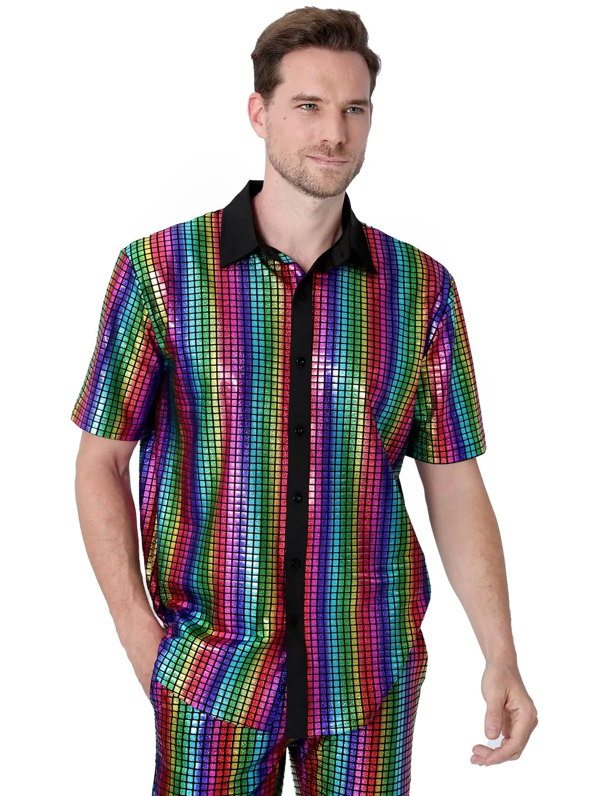 Men's Shiny Metallic Disco Party Shirt - Sparkling Short Sleeve Performance Costume
