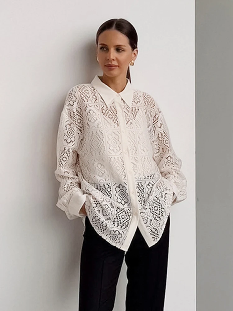 

Jyate 2023 New Lace Hollow Shirt Women Versatile Commuter Single-breasted Shirts Elegant Lapel Long-sleeve Top For Women Summer