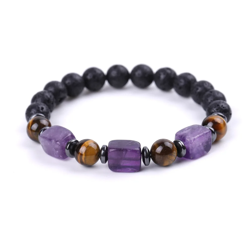 

10pcs Square Tiger Eye Energy Stone 7 Chakras 8MM Black Lava Stone Beads Bracelets Stretch Yoga Jewelry for Women Men Gift