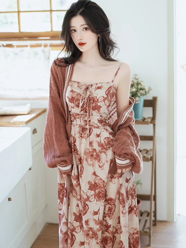 

2023 new fashion casual women's clothing Romantic French Rose Sling Dress Wool Jacket Two-Piece Set