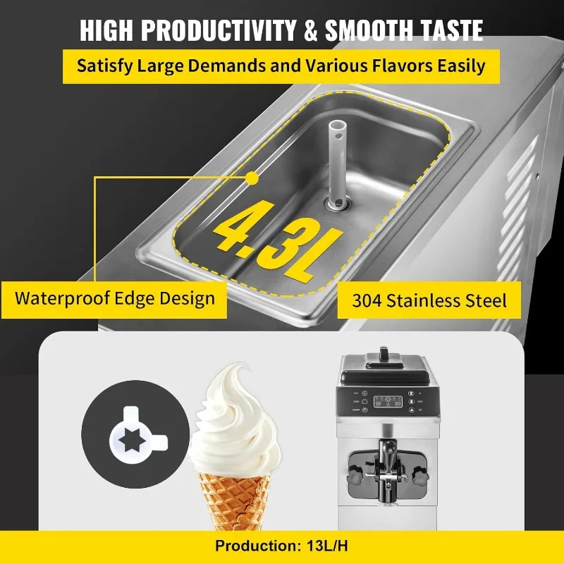 VEVOR Soft Serve Ice Cream Machine for home,3.4 Gal/H Commercial Machine,Single Flavor Ice Cream Maker,1200W Countertop 3