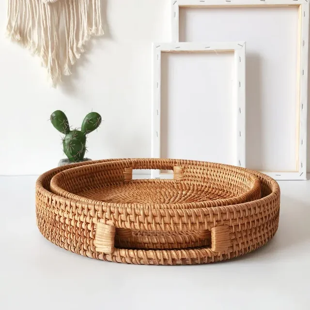 New Handwoven Rattan Storage Tray Basket With Wooden Handle
