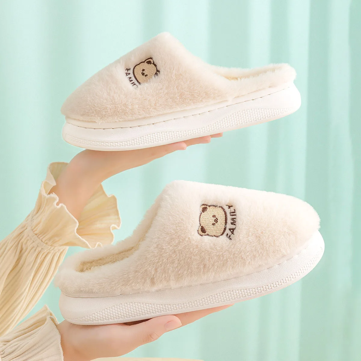 New Women Men Autumn Winter Warm Slippers Cute Cotton Shoes Home Bedroom Casual Non Slip Flats Couples Indoor Soft Plush Slides 3