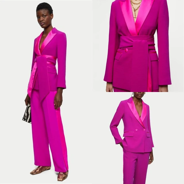 Hot Pink Pantsuit for Women, Pink Double-breasted Pantsuit for