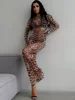 Women's Summer 2025 Leopard Print Mesh Dress Sexy O-neck Long Sleeve See-through Slim Fit Streetwear for Holiday Parties 1