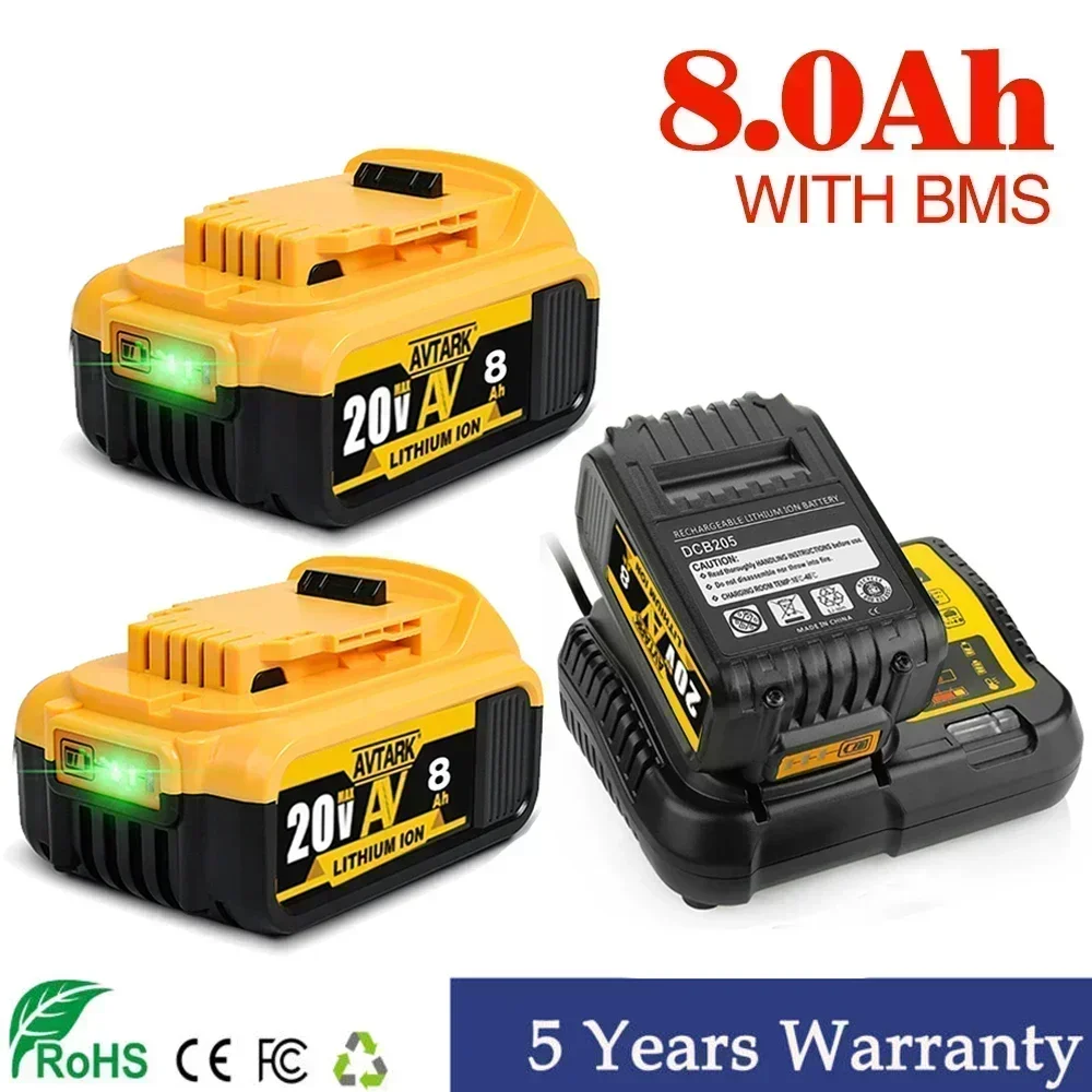 

2023 Upgrade 20V 8000mAh DCB200 Replaceable Li-ion Battery Compatible for Dewalt 18 Volt MAX Power Tools 18650 Lithium Batteries