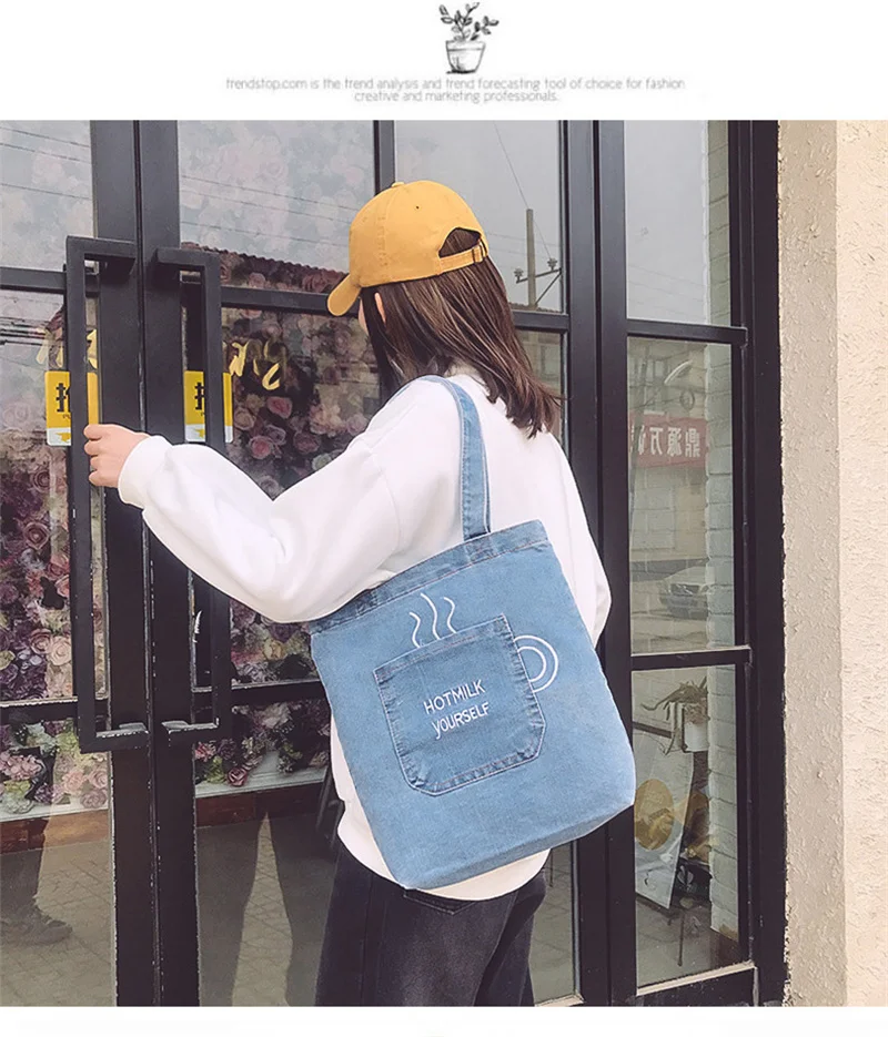 

2022 New Women Denim Shoulder Bags Jeans Embroidery Letters Shopping Totes Casual Travel Bags Drop Shipping