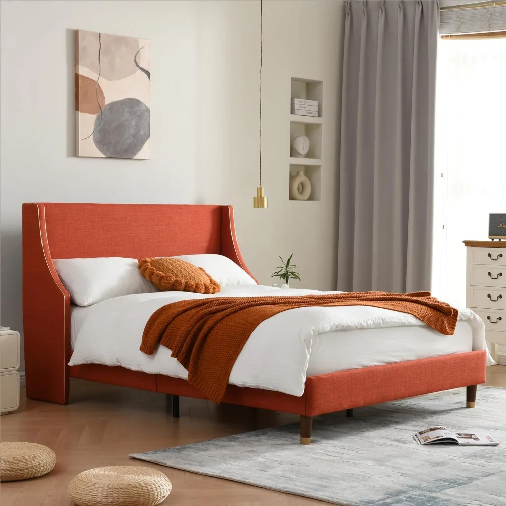 

Queen-Size upholstered Platform Bed Frame, wingback headboard with Gold Lines, Wooden Slat Supports, Easy to Install