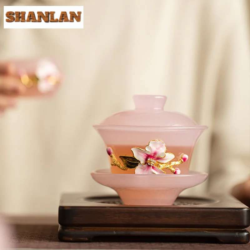 150ml Handmade Kneading Flower Glass Gaiwan Luxury Pink Glazed Crystal Sancai Tea Tureen Tea Brewing Cover Bowl Items Craft