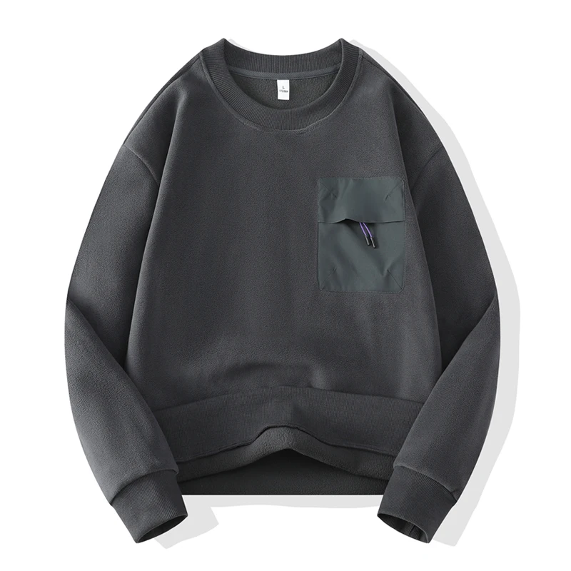 Autumn and Winter New Men's Pullover Round Neck Panel Pocket Fashion Solid Color Loose Casual Versatile Long Sleeved Sweater
