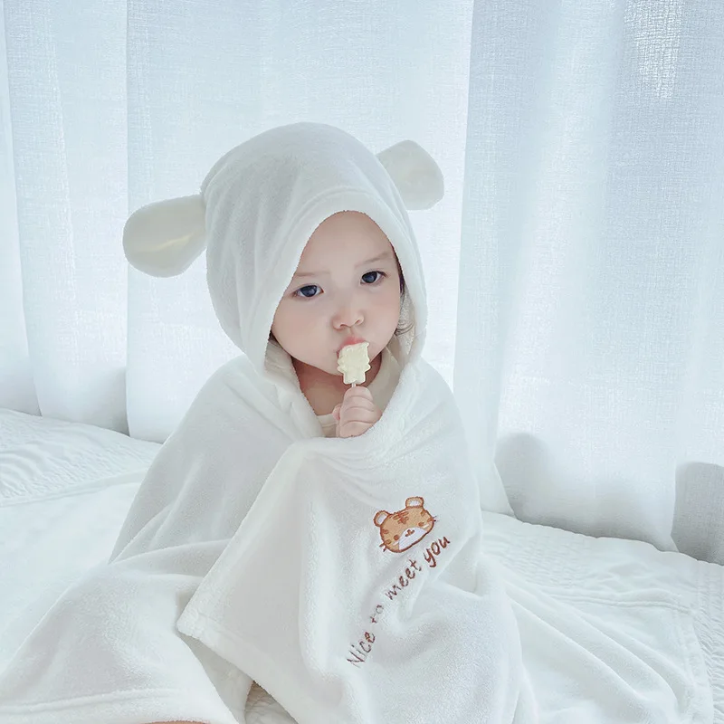 Cute Bear Embroidery Baby Bath Towel Coral Fleece Hooded Bathrobe Kids