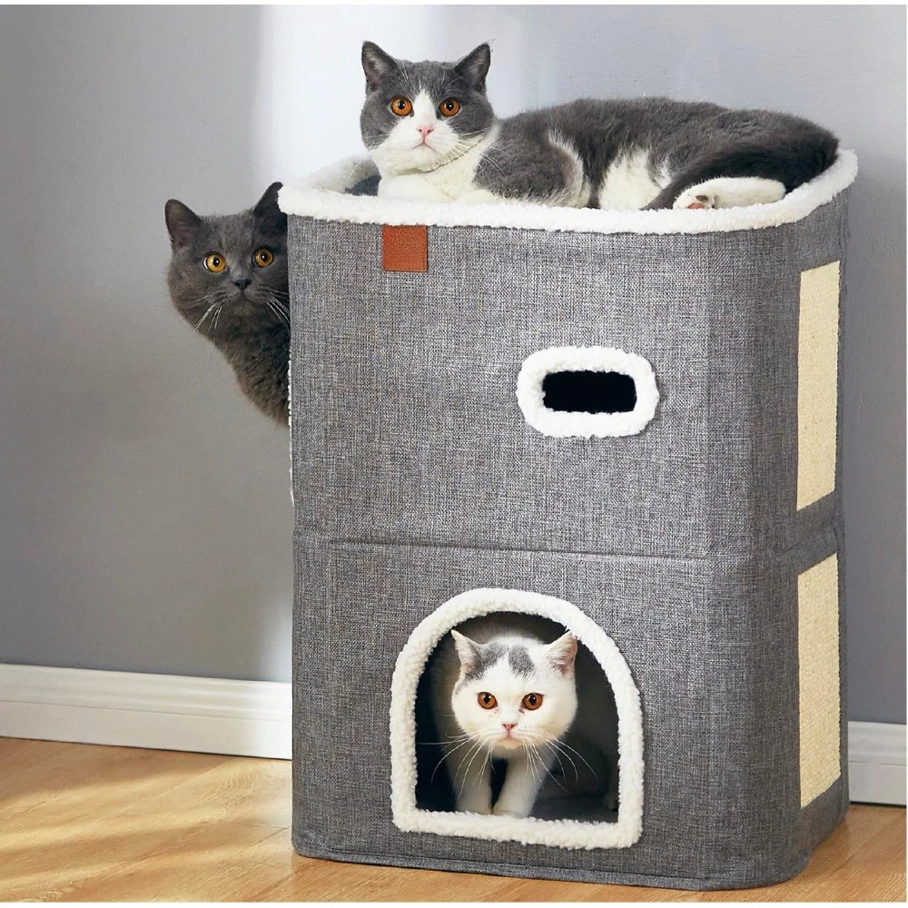 

Pet Stairs Covered Cat Beds & Furniture With Scratch Pad and Hideaway Cave 2-Storey Cat House for Indoor Cats Bed Free Shipping