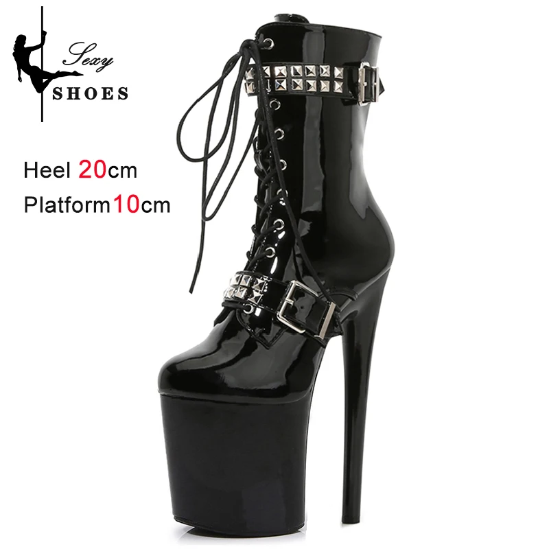 20cm/8Inchs ANKLE Boots Rivet Round Toe Women's Shoes Sexy Thin Heels Platform Nightclub Short Boots Belt Buck Heels  Stiletto