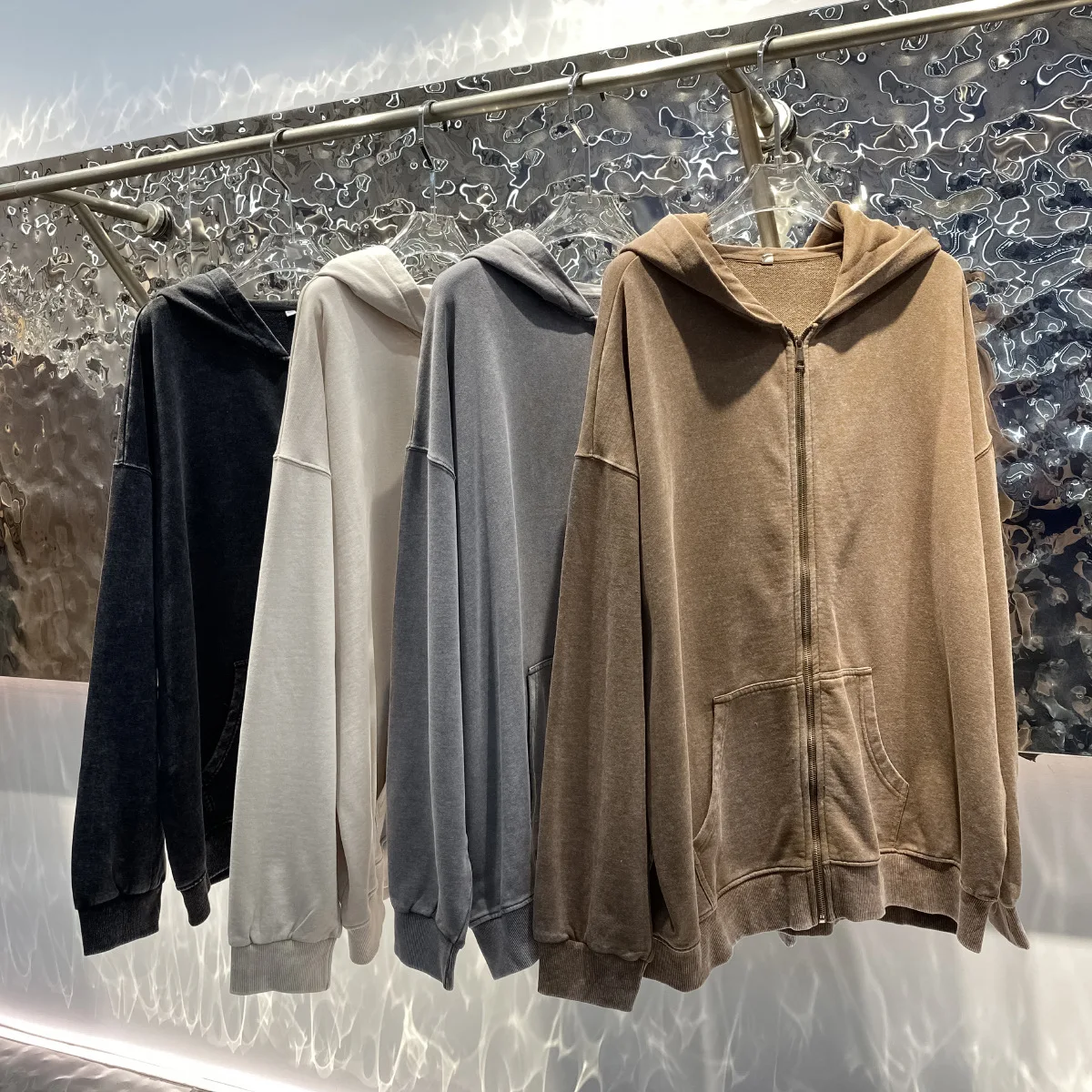 350g Retro Washed Zipper Hoodies 100% Cotton Tops Acid