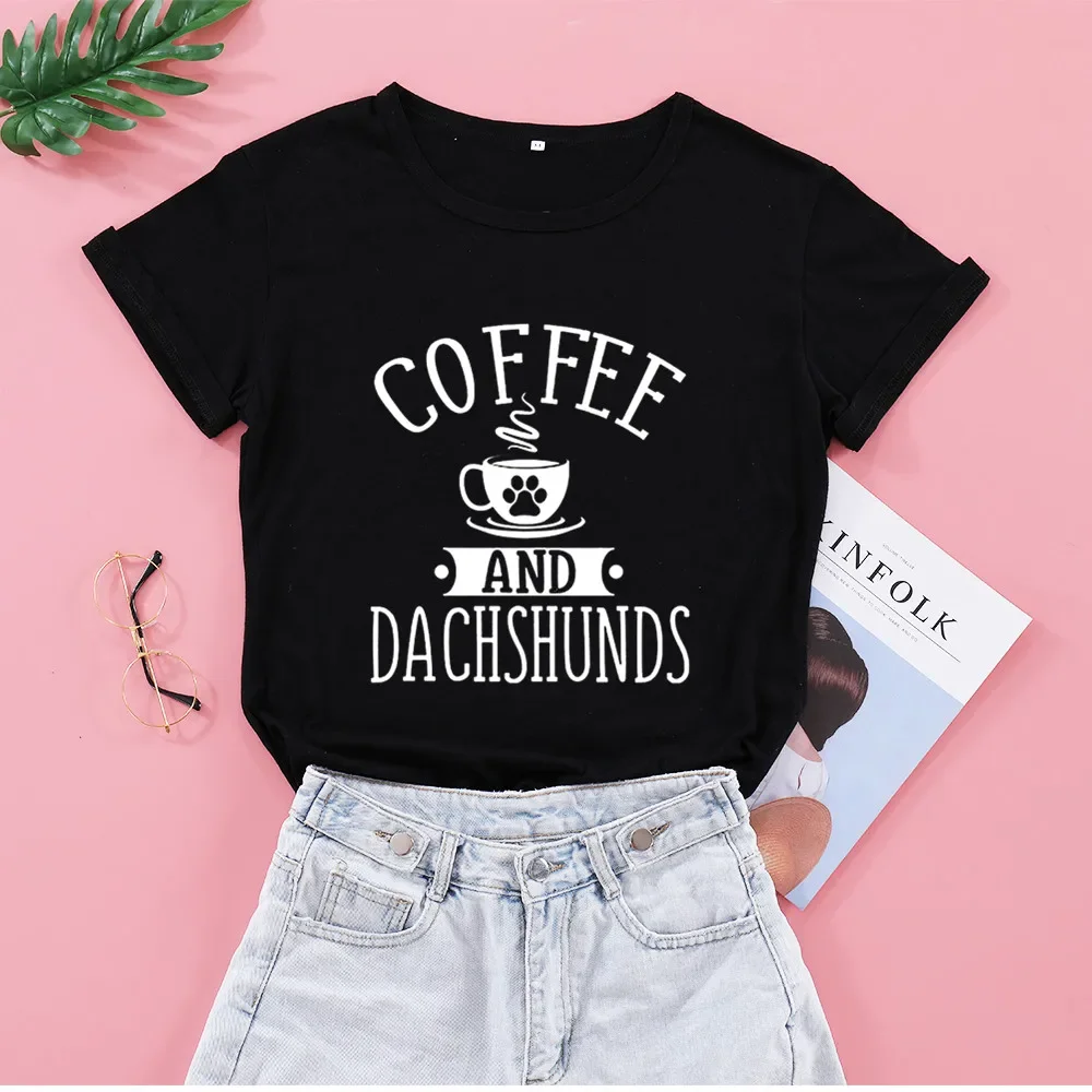 

Coffee and Dachshunds Kawaii 100% cotton Unisex T-shirt Fashion Round Neck Short Sleeve Top Tees Funny Graphic Women Clothing