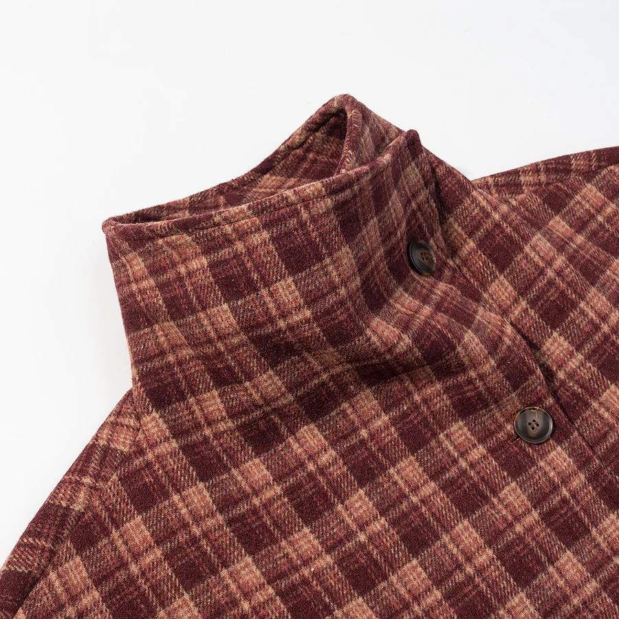 Women's Vintage Chequer Woolen Coat Female Stand Collar Long Sleeved Casual Short Jacket Lady Autumn Winter Outerwear Streetwear