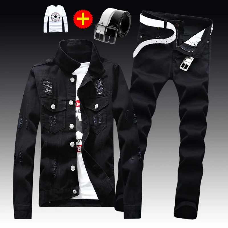 2pcs Set New Men's Denim Jacket Pants Single Breasted Holes Casual