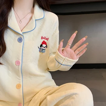 التطريز لطيف موضة جديدة المرأة منامة مجموعة جديد الخريف الشتاء لينة 2 قطعة مجموعة ملابس خاصة عادية التلبيب الرقبة المتسكعون للنساء 3