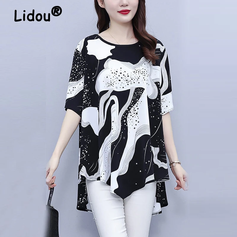 

Women's Korean Fashion Print Asymmetrical Elegant Blouse Summer O Neck Short Sleeve Shirt Casual Loose Tunic Tops Chiffon Blusas