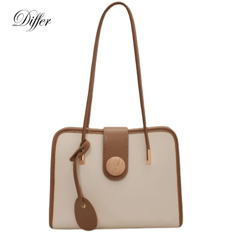 

Classic Large Capacity Shopping Shoulder Bag for Women Contrast Color Female Square Handbag PU Leather Simple Underarm Messenger