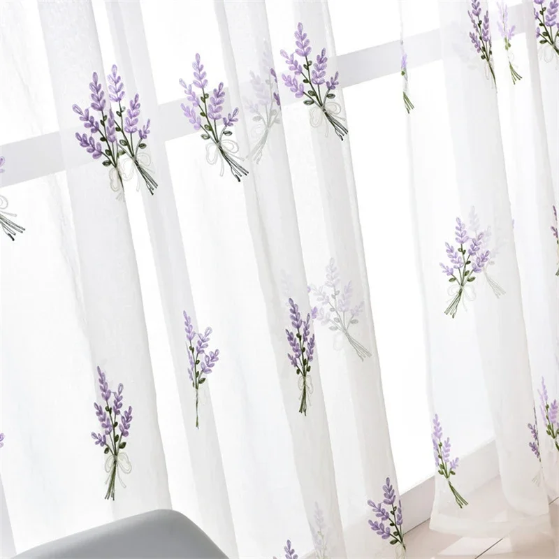 French Pastoral Curtains Purple Lavender Embroidery Tulle For Living Room Bedroom Pink Flower Curtain For Kitchen Home Decor window curtains decor curtains embroidered curtains