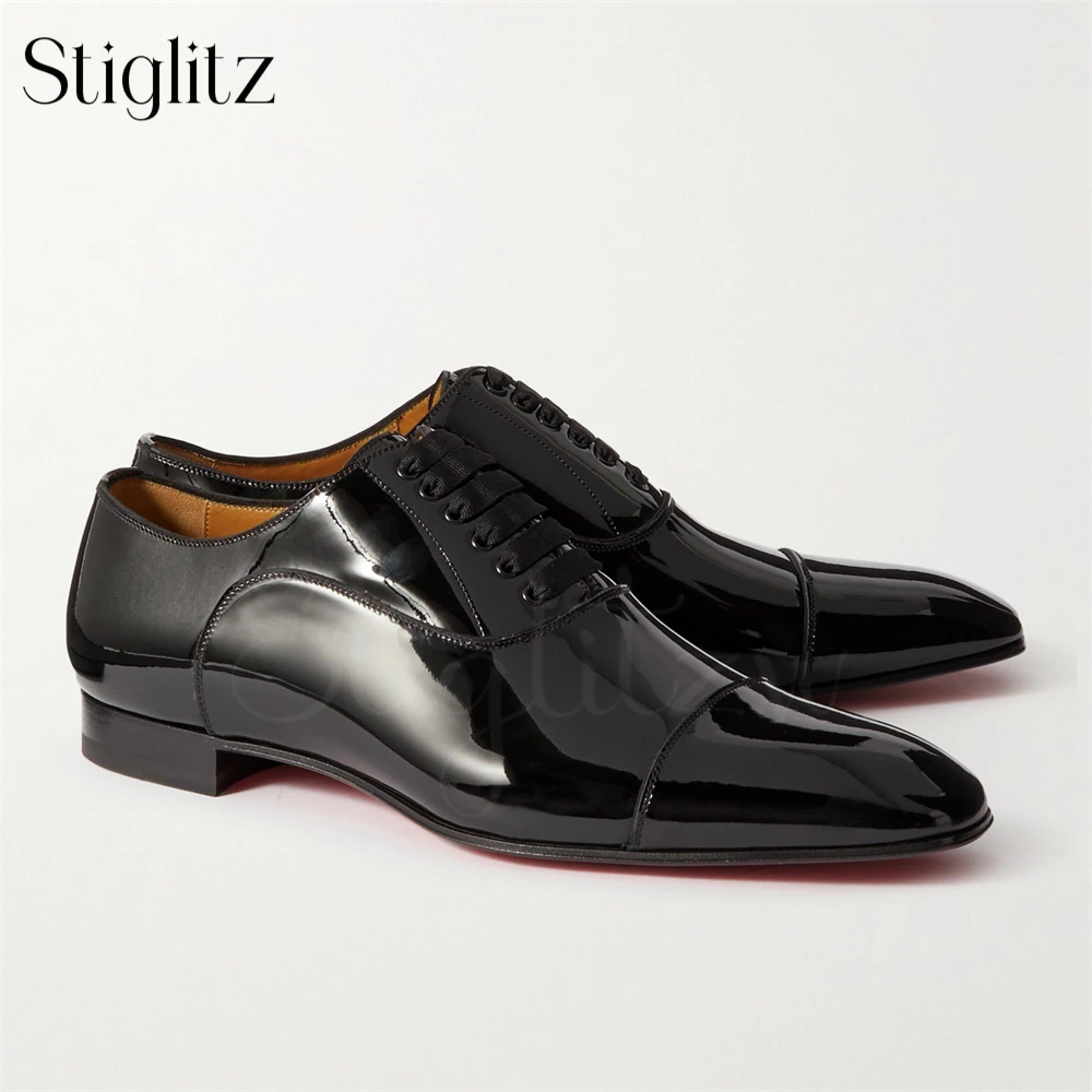 Picture of Paneled Patent Leather Oxfords in Black Almond Toe Lace up Dress Shoes ...