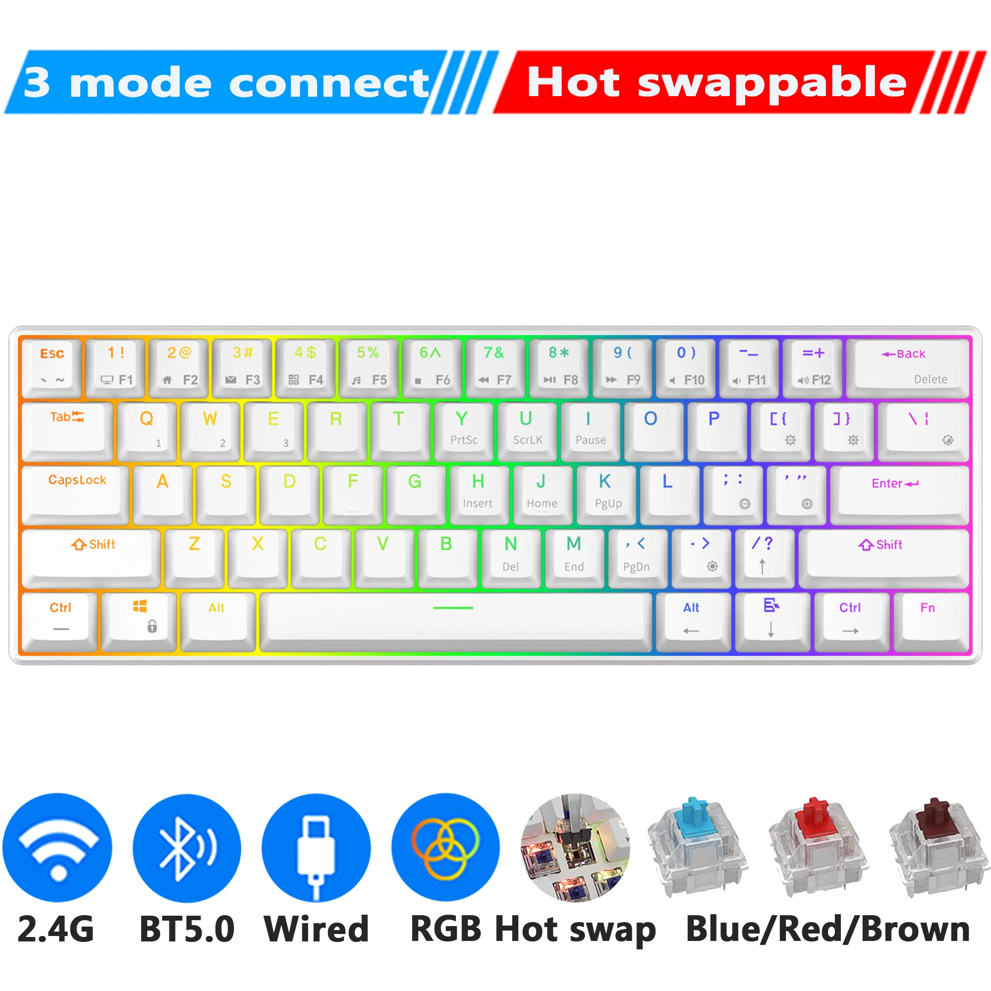 keyboards computer RK61 Royal Kludge Wireless Mechanical Keyboard Tri-Mode Bluetooth 5.0/2.4G/USB-C RGB Backlit 61 Key Hot-Swappable Gamer Keyboard pink computer keyboard Keyboards