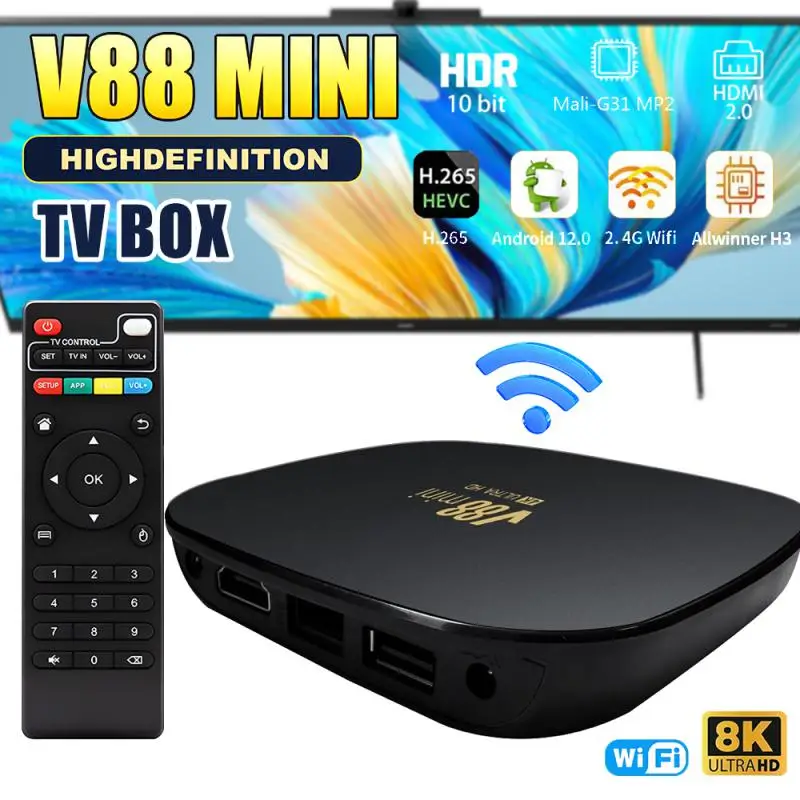 

ТВ-приставка V88 Mini Smart TV BOX Android 12 Et Top Box 1 Гб RAM 8 Гб ROM Быстрый H.265 медиаплеер 2 4g Wifi диапазон Allwinner H3 телеприставка