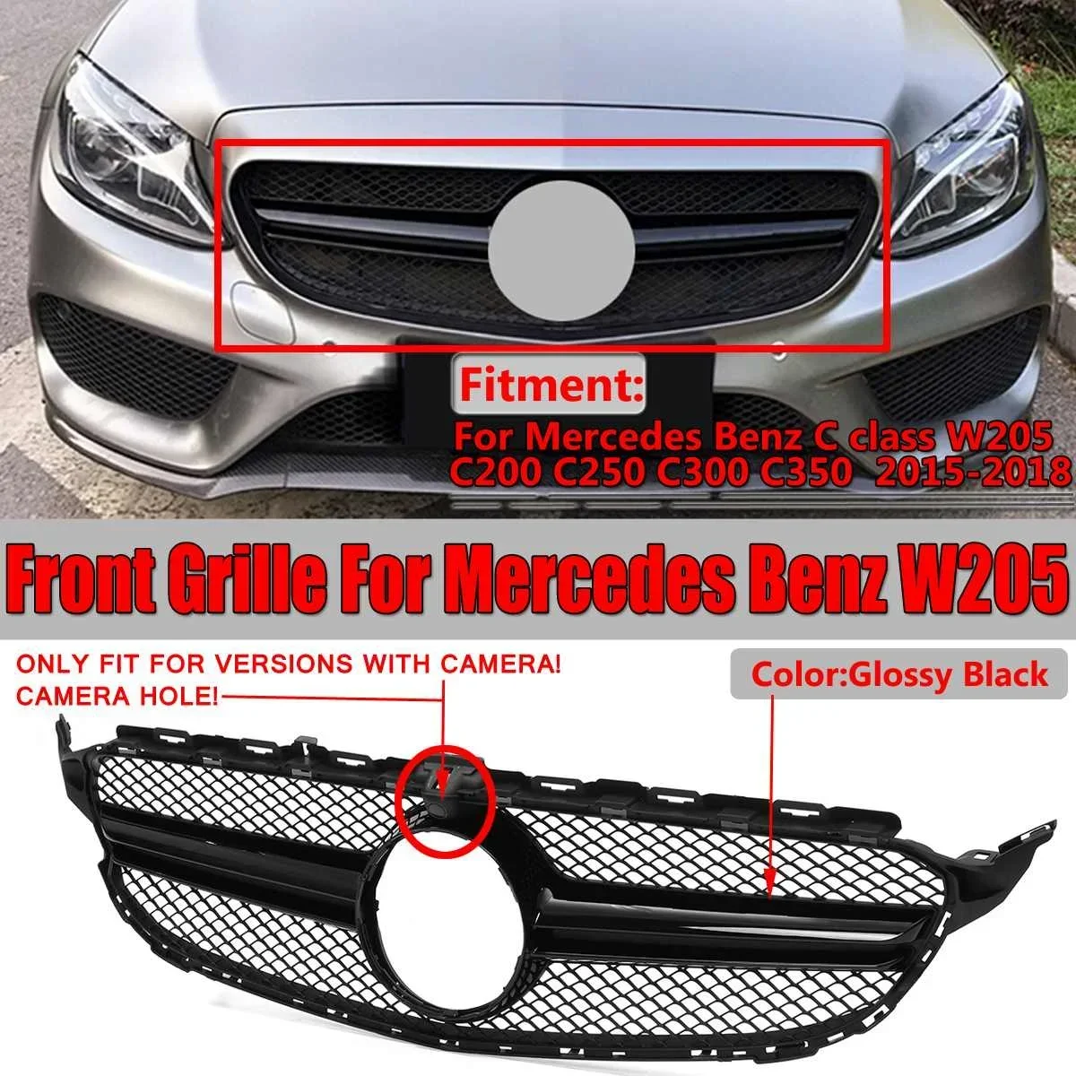 

Front Bumper Grille For Mercedes For Benz w205 C200 C250 C300 C350 Glossy Black 2015-2018 Upper Grille Grill with Camera