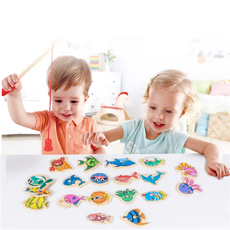 Wooden Fishing Game Cartoon Marine Life Cognition Fish Rod Magnetic Toys for Children Early Educational Parent-child Interactive 2