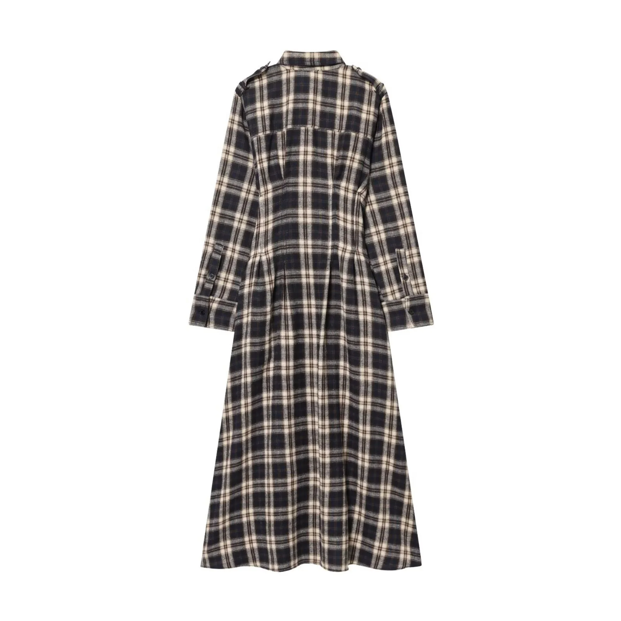 Women Spring Autumn Vintage Casual Plaid Print Dress Female Long Sleeve Button Dress Lady Elegant Fold Design Slim Shirt-Dresses