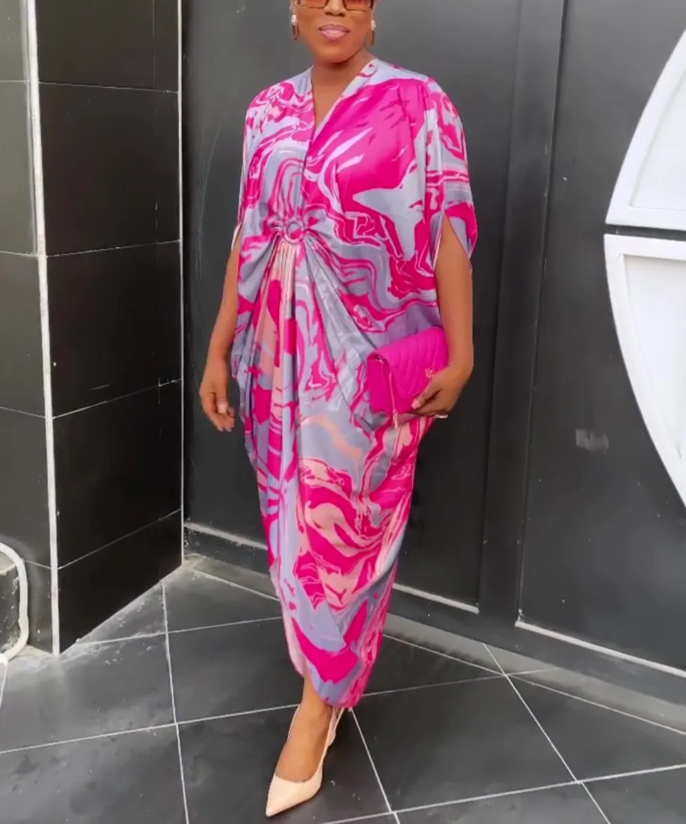 Locryz Women's African Floral Maxi Dress - V Neck 3/4 Sleeve Loose Long Dress With Belt, Sizes S-3XL - View #4