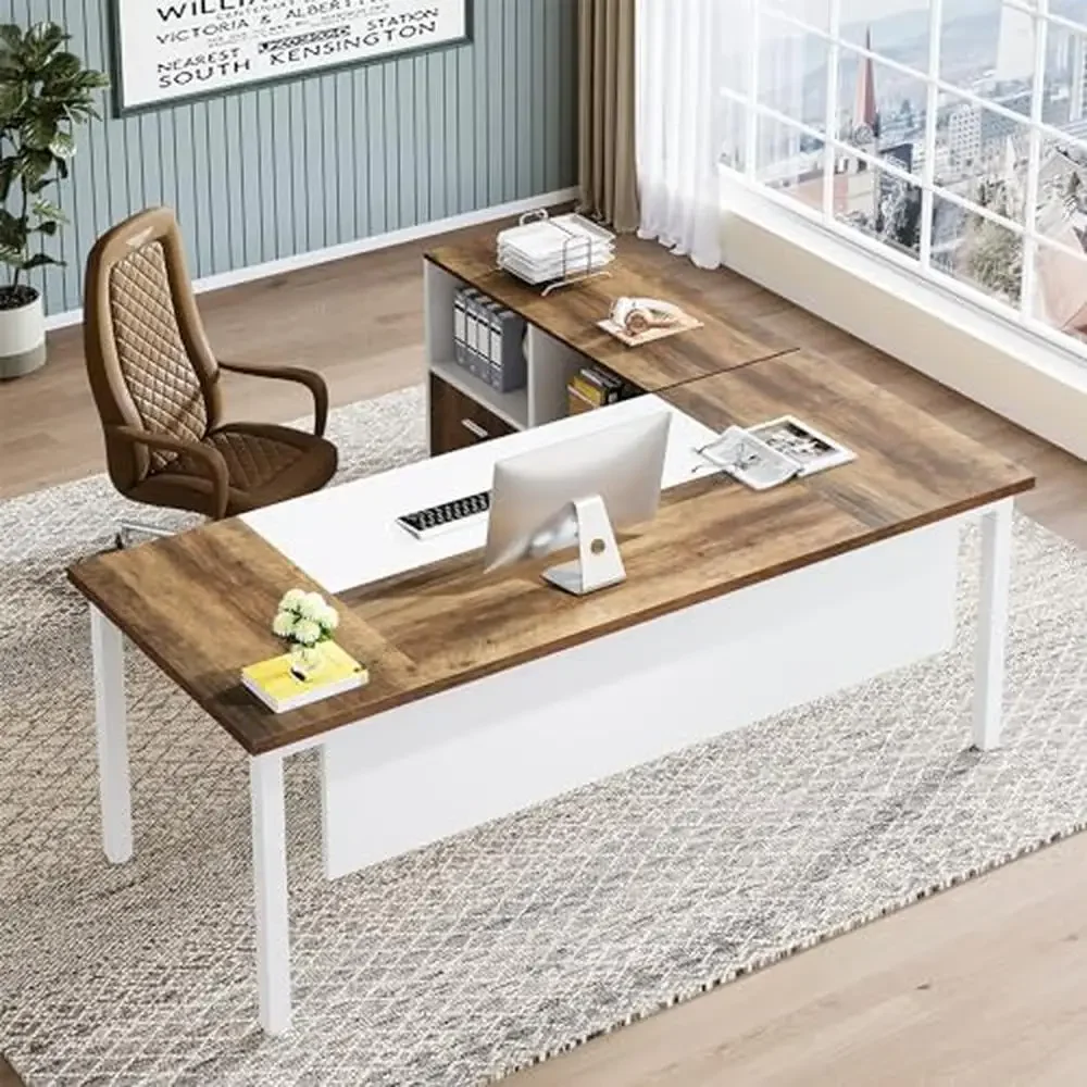 63-inch Executive Computer Desk with File Cabinet Office Desk Set Home Office L-Shaped Desk with Drawers and Filing Cabinet 5