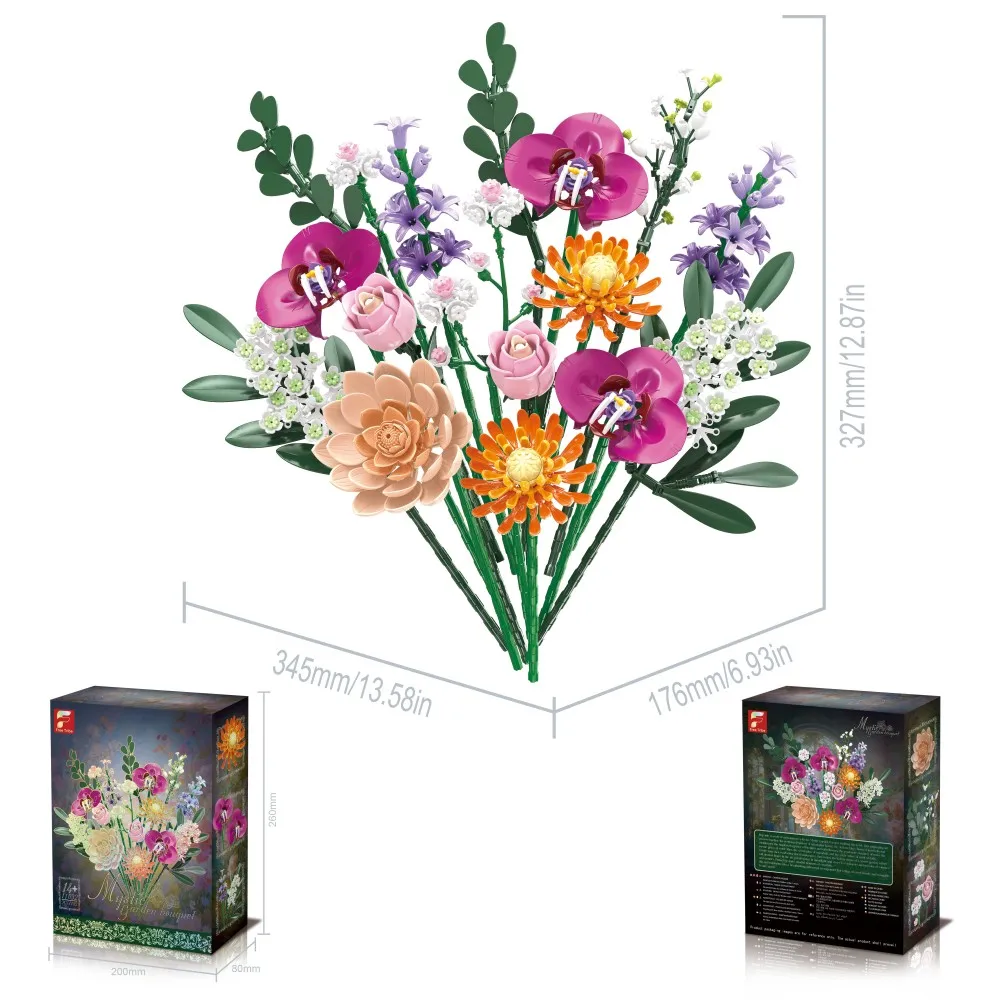 1182PCS 보존 꽃 빌딩 블록 팔레놉시스 난초 장미 라벤더 꽃다발 모델 홈 데코레이션 장식품 성인 DIY 장난감