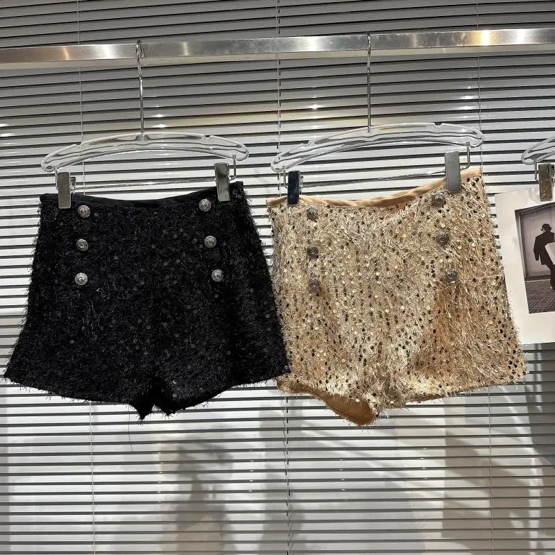 

Spring/Summer 2023 New Double Row Metal Buckle Sequin Nightclub Sexy Short Hot Girls Plush Mini Shorts