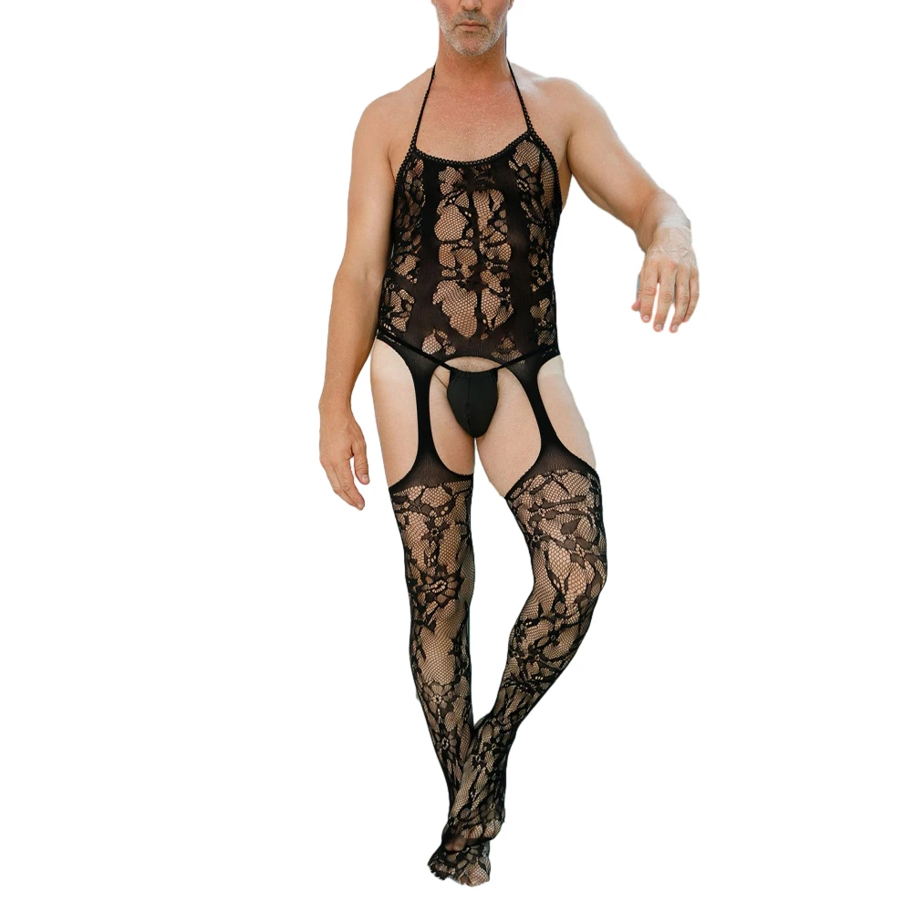 

Men Sissy Jumpsuit Sexy Lace Mesh Fishnet Bodystocking See Through Open Butt Lingerie Gay Halter Neck Bodysuit Erotic Nightwear