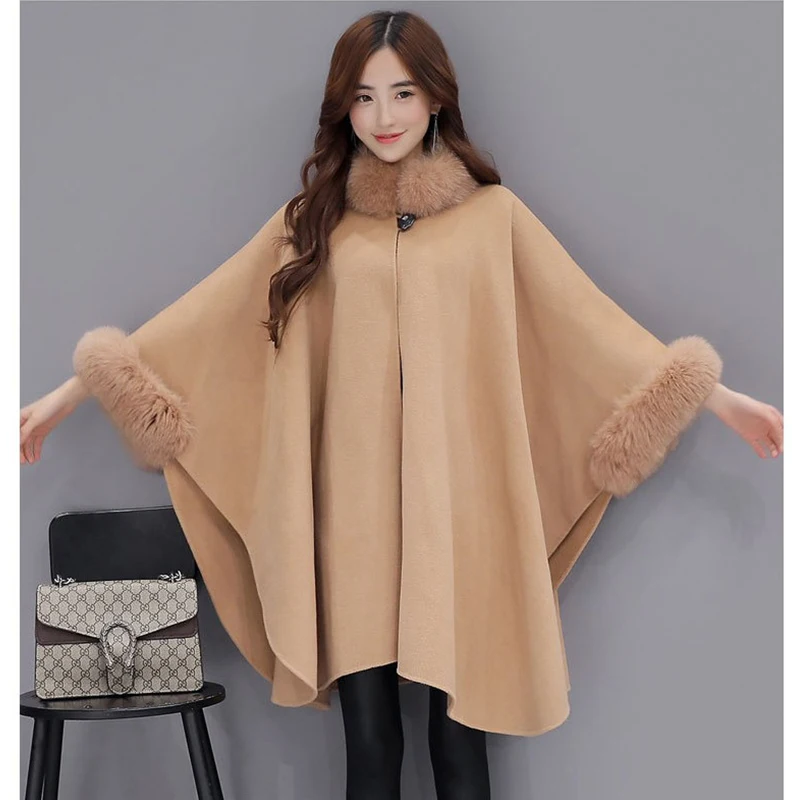 Women Cloak Shawl Jacket Plus Size Female Winter Outwear New Bigsweety High Quality Women Fox Fur Collar Long Wool Coat Elegant