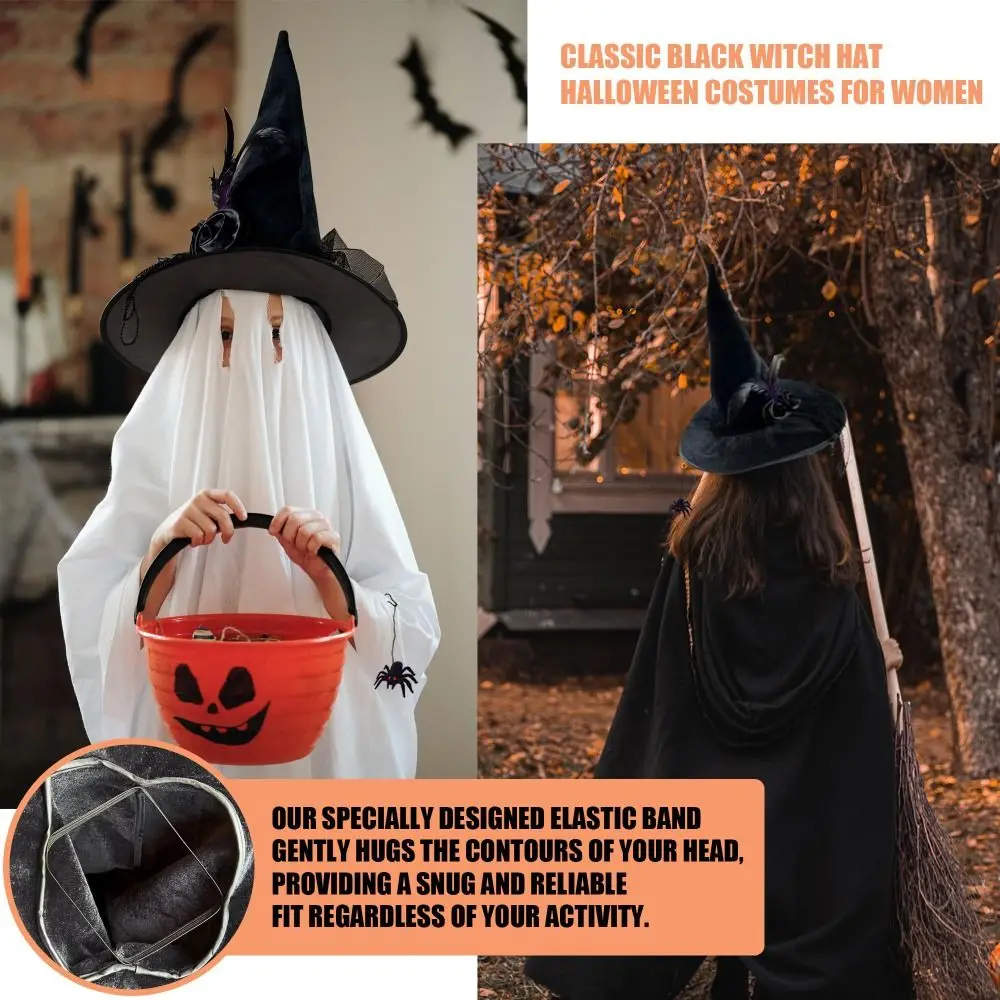 Schwarze Spinne Halloween Hexenhut Komfort Strick Plissee Zauberermütze mit schwarzem Schleier Blumenfeder Hexenkostüm Zubehör – Detail 6